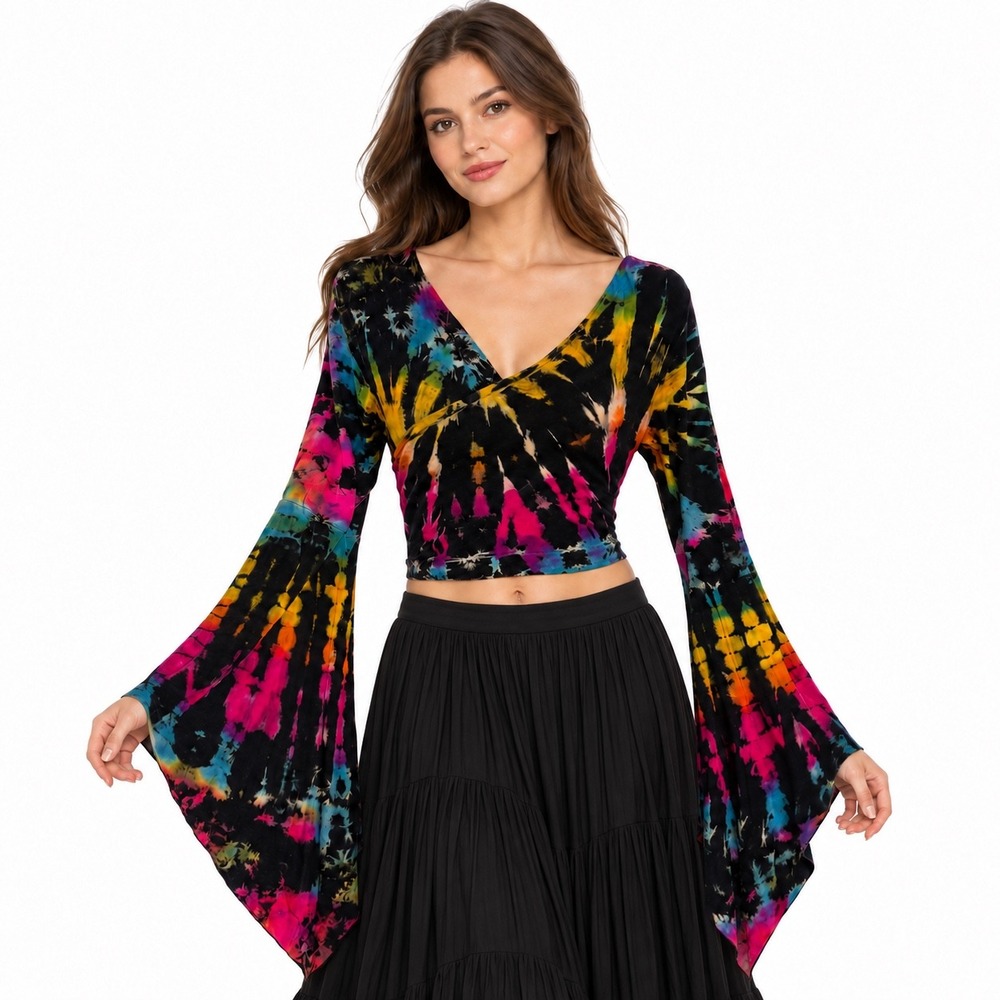 Kathmandu Tie Dye Bell Sleeve Crop Top Size S V-Neck Boho Festival Knit Black